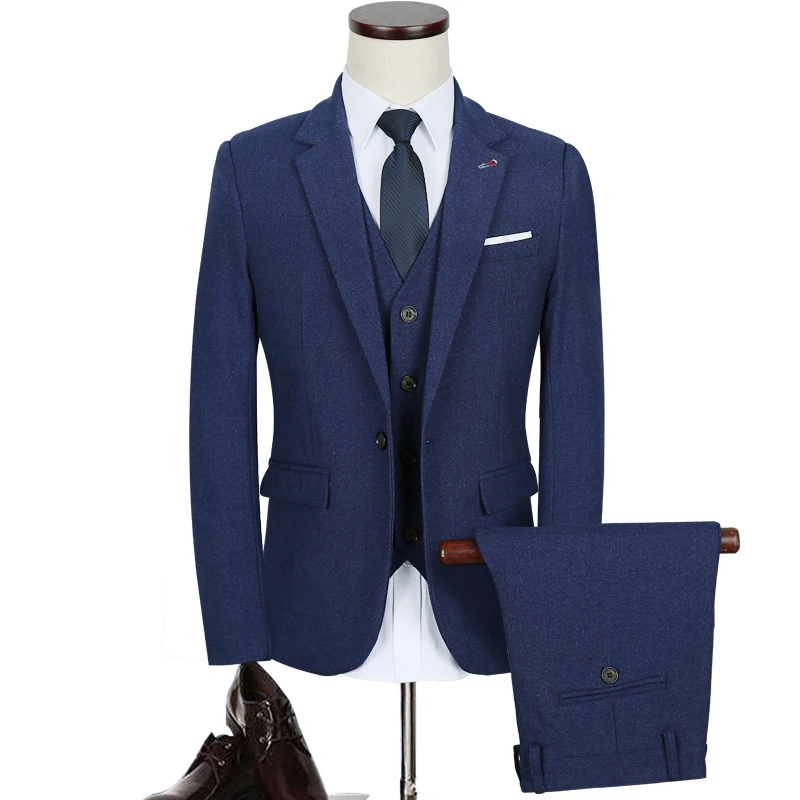 

3pc Costume Homme Fashion Vintage Slim Fit Men Suit Plus Size Solid Blue Business Formal Wear Hot Groom Wedding Dress Suit Men