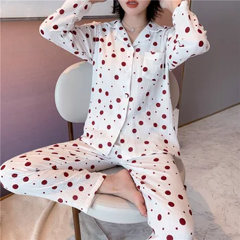 

Daeyard Polka Dot Cotton Pajama Set Women White Sleepwear Spring Autumn Shirts And Trousers Two Pieces Pyjamas Casual Home Suit
