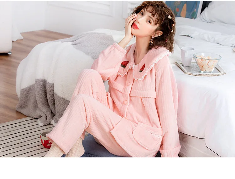 Комплект пижам для беременных; Розовая одежда для сна для кормления грудью; зимняя плотная Фланелевая Пижама для беременных и кормящих;