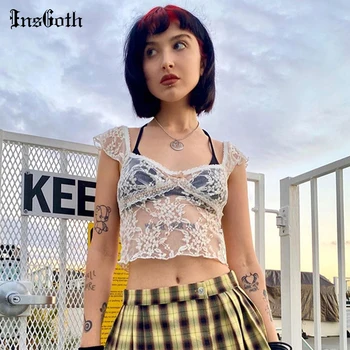 

InsGoth Sexy Lace Hollow Out Tops Women Bodycon See Through Crop Tops T-shirts Streetwear Fashion Short Sleeve Slim Tops Female