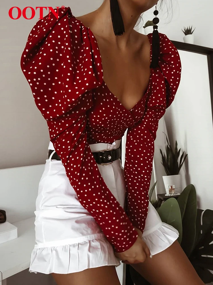 

OOTN Vintage Polka Dot Women Puff Long Sleeve Wrap Top Elegant 2019 Lace Up Red Crop Top Blouse Sexy Backless Chic Female Shirts