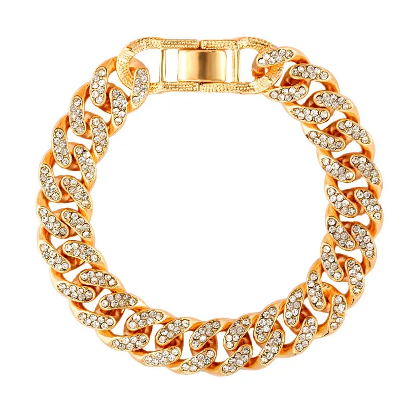 New Fashion Luxury 12mm Iced Out Cuban Link Chain Bracelet for Women Men Gold Silver Color Bling Rhinestone Bracelet Jewelry 