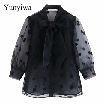 

New Women Fashion Bow Tie Collar Polka Dots Embroidery Black Organza Blouse Ladies Transparent Chic Shirts Femininas Tops