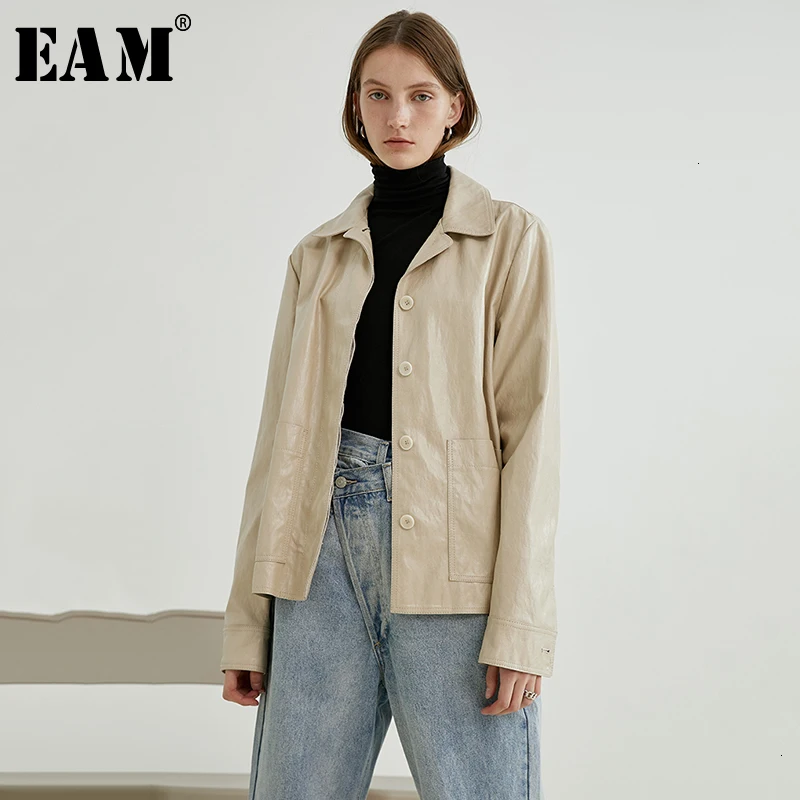 

[EAM] Loose Fit Pu Leather Split Pocket Big Size Jacket New Lapel Long Sleeve Women Coat Fashion Tide Autumn Winter 2019 1D241
