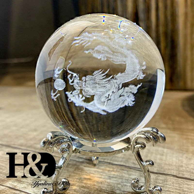 

H&D 60mm 3D Laser Engraved Dragon Crystal Ball Glass Miniatures Sphere Home Decoration Accessories Ornament Gift with Stand