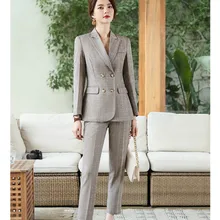 ^#Cheap Winter new business professional women's suit Temperament double-breasted plaid suit jacket female Slim pants suit Two-piece set ^#Cheap Winter new business professional women's suit Temperament double-breasted plaid suit jacket female Slim pants suit Two-piece set