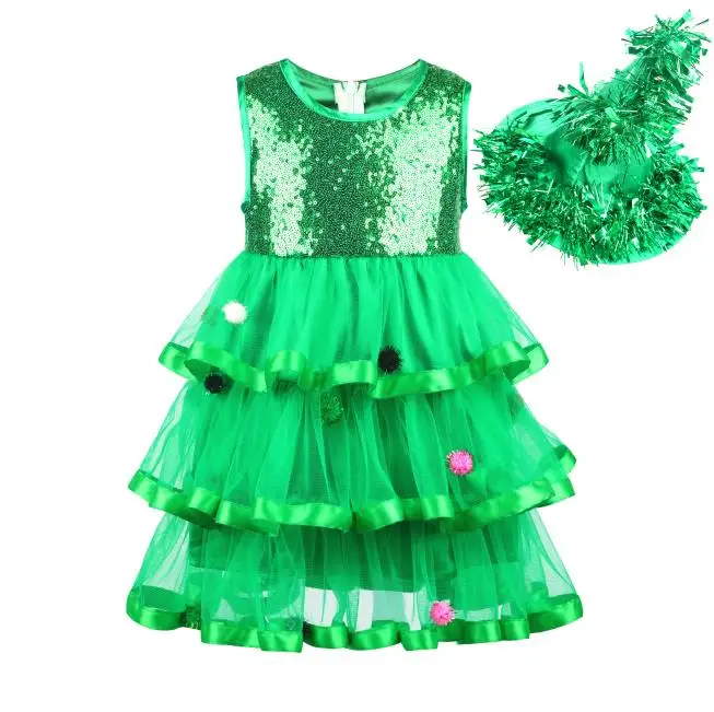 green dress with hat Flofallzique/блесток платье девочки костюм со шляпой зеленый 3 слоя милый юбка-пачка; детская одежда для рождественского бала Вечерние - Цвет: green dress with hat