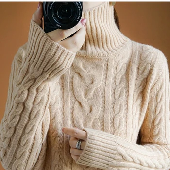 

131/5000 High-end pure wool series cashmere sweater women 100% wool autumn winter new high collar wild thick knitted pullover