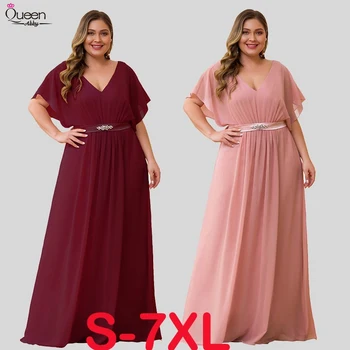 

Pink Bridesmaid Dresses Long A-line V-Neck Short Sleeve Wedding Party Gown Elegant Sash Beaded Chiffon Robe De Soiree Plus Size