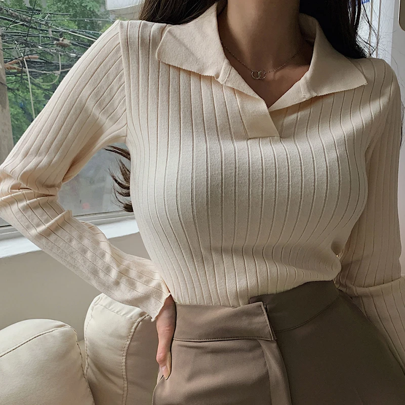 pink sweater Korean Style Turn-Down Collar Women Sweater Female Long Sleeve Casual Pullovers Knitted Sweaters Clothes Sweter Mujer 2021 Fall blue sweater