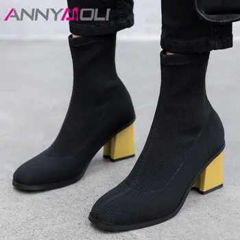 

ANNYMOLI Women Short Boots Shoes High Heel Ankle Boots Square Toe Block Heels Boots Female Autumn Lady Footwear Blue Big Size 43