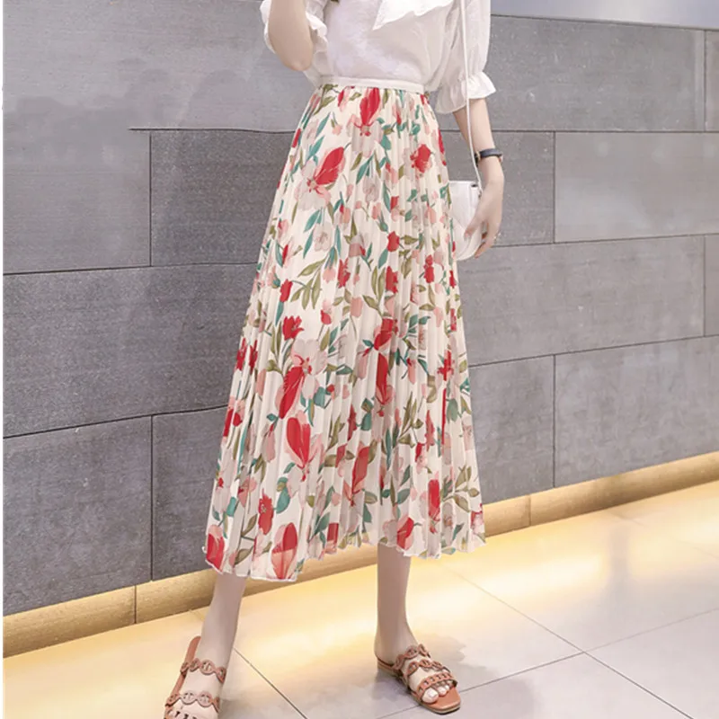 B Bohemian Women Fashion Skirts Fashion Casual Femal Long Skirt Floral Print Pleated Summer Beach Skirt - Цвет: B