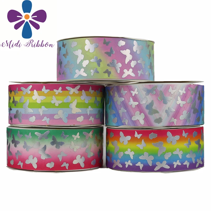 3&quot75mm Butterfly Silver Hologram Foil Gradient Color Printed Grosgrain Ribbon DIY Spring Party Decor Hair Bands 50yards/roll | Дом и сад