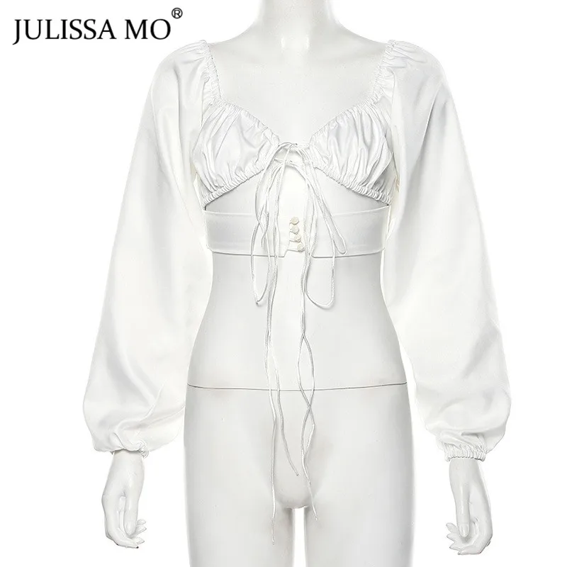 Белый Julissa mo, летние сексуальные женские топы на шнуровке, модные бандажные короткие футболки с длинным рукавом, белая повседневная женская уличная одежда, футболки Femme - Цвет: Белый
