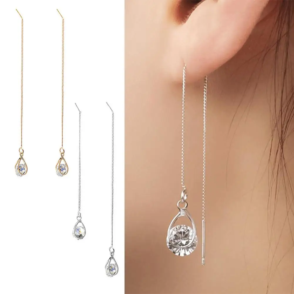 Fashion Vintage Lady Rhinestone Inlaid Water Drop Dangle Long Ear Line Threader Earrings chain Tassel Jewelry | Украшения и