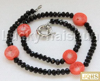 

JQHS natural 18" 15mm coin pink coral black agates Beaded Strand necklace 18KGP clasp j12085
