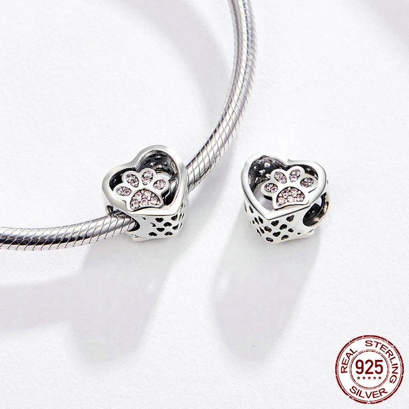 Starland Cat Love Heart-shape Charm 925 Sterling Silver Paw Footprints Heart Charms for Bangle Bracelet Fine Jewelry