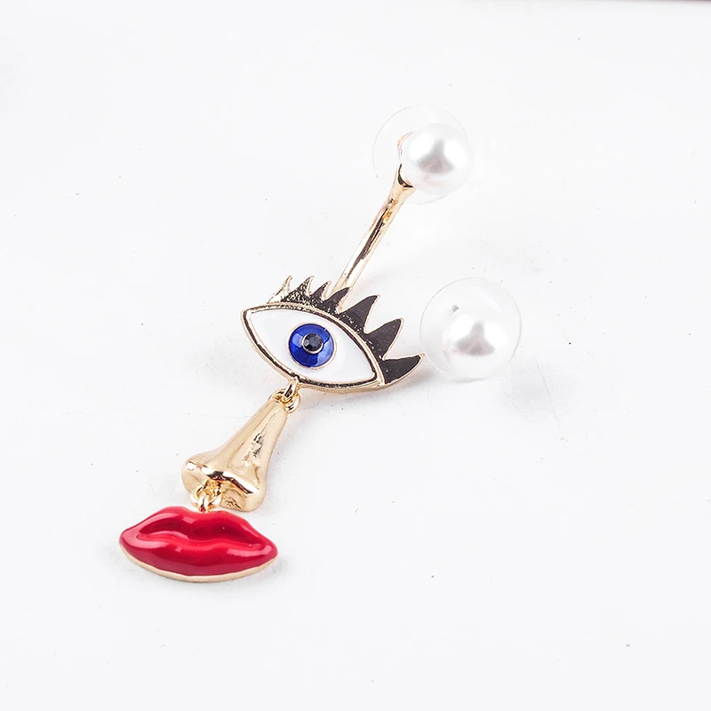 

Hyperbole Face Blue Enamel Evil Eye Nose Red Mouth Simulated Pearl Earring Irregular Asymmetric Drop Earring For Women Accessory