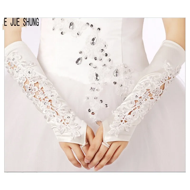 

E JUE SHUNG Satin Wedding Gloves Fingerless Bridal Gloves Appliques Beaded Elegant for Women Luva De Noiva Wedding Accessories