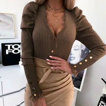 

Women Lace Cardigans Sexy V-Neck Knitted Sweater Long Sleeve Button Slim Fit Top Autumn Winter Frilly Wave Lace Cuff Basic Tops