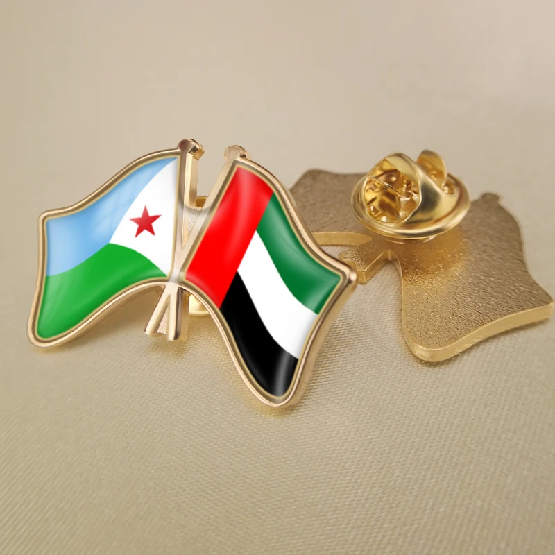 

Djibouti and United Arab Emirates Crossed Double Friendship Flags Lapel Pins Brooch Badges