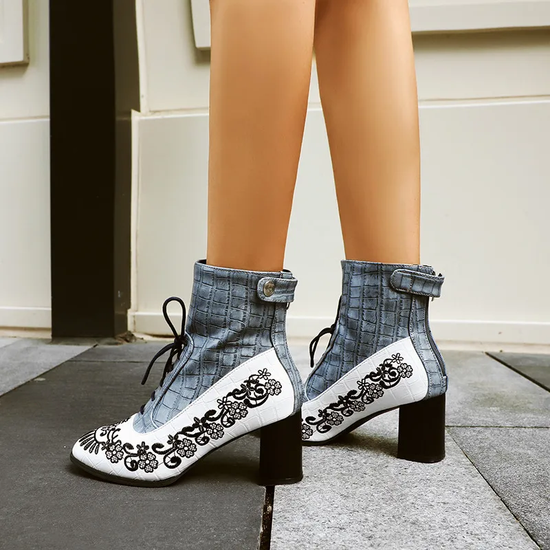 

YMECHIC Embroidery Flower Cross Tied Patchwork Stone Pattern Blue Red Black High Heels Ankle Boots Gothic Street Womens Shoes