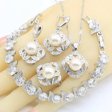 Розовый жемчуг 925 серебряные ювелирные наборы Женский браслет из белого циркония серьги ожерелье кулон кольца Подарочная коробка для ювелирных изделий