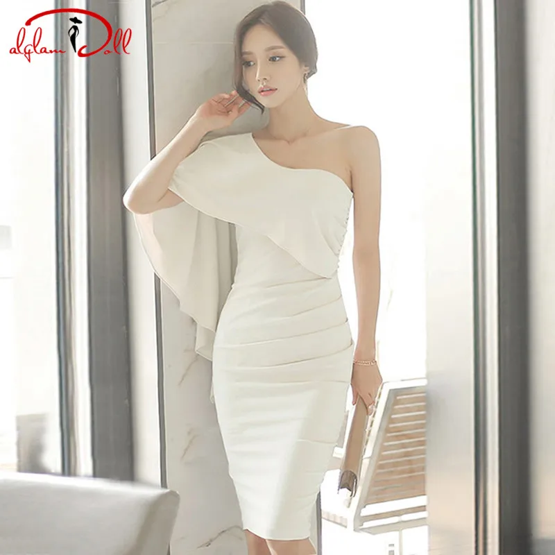 

Autumn Party Dress One-Shouder Cap Sexy Slim Solid Cloth Women Bodycon Knee-Length Evening Vestidos