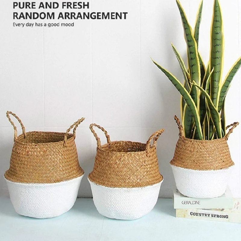 Handmade Woven Storage Basket Folding Clthoes Laundry Basket Straw Wicker Rattan Seagrass Belly Garden Flower Pot Plant Basket 2