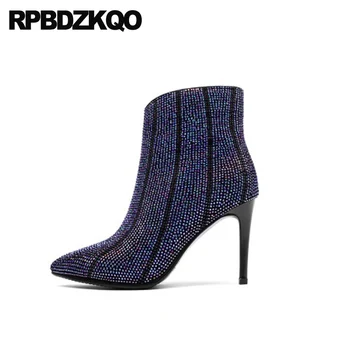

genuine leather shoes pointed toe side zip boots big size blue rhinestone booties high heel suede ankle stiletto diamond women