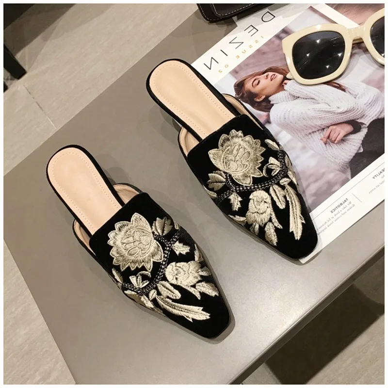 

2020 Fashion Spring Women Slipper Embroider Slip On Mule Shoes Low Heel Outdoor Sandals Slides Casual Flip Flops