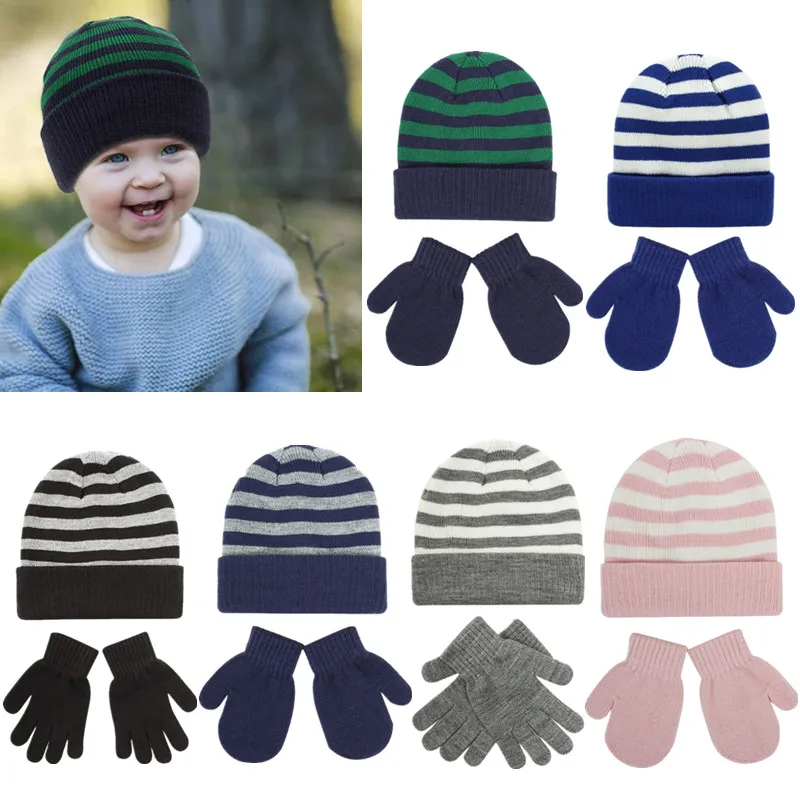 1 Set Winter Warm Baby Hat&Baby Gloves Set Kids Children Stripe Knitting Bonnet Sports Mitten for Girls Boys Outdoor Skiing