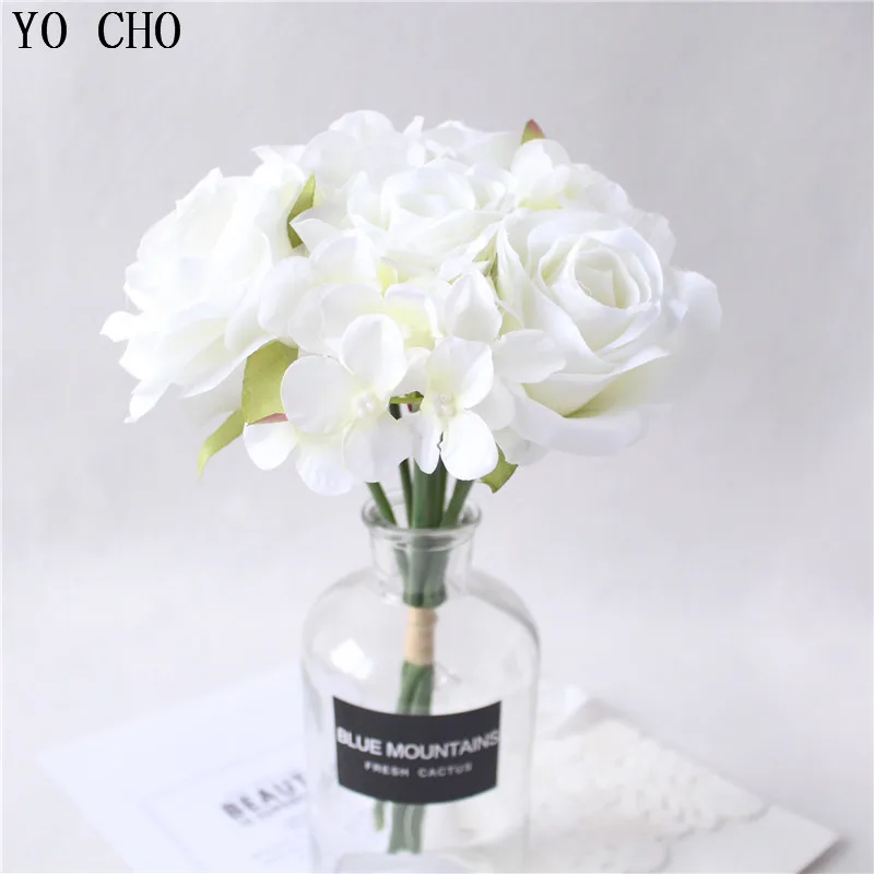 YO CHO 7Heads Silk Roses Wedding Bouquet Artificial Flower Mini Silk Flowers Autumn Farmhouse Home Decor Rose Wedding Decoration