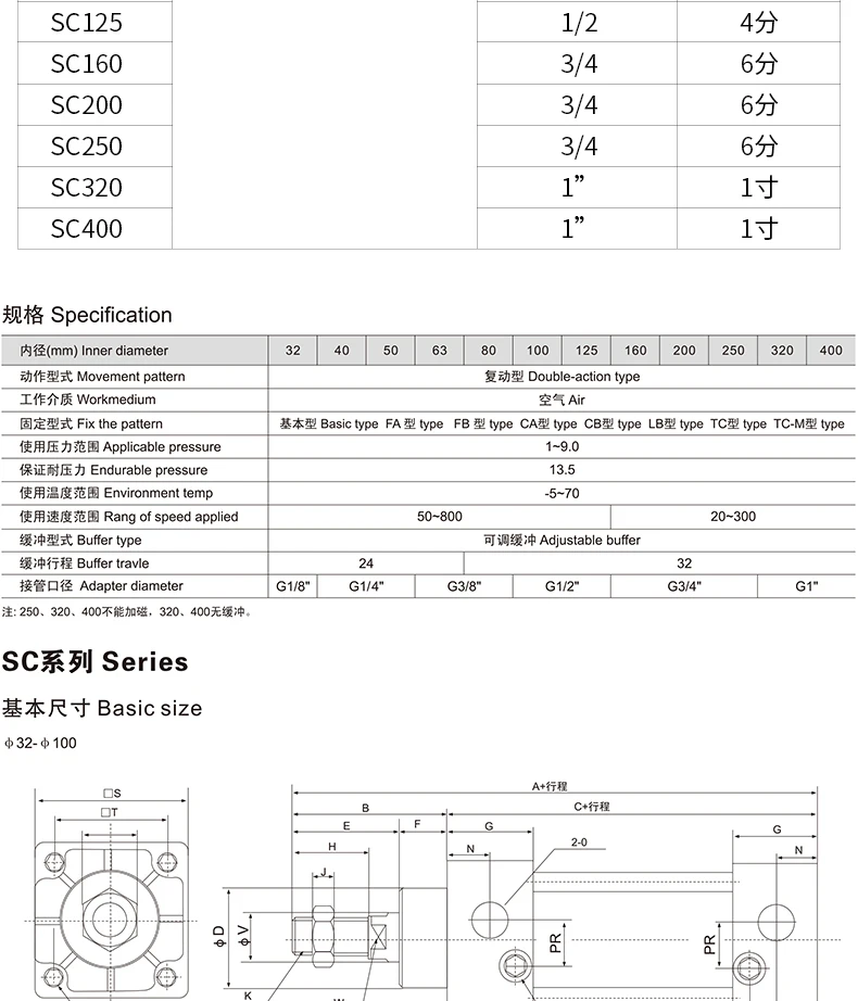 Пневматический цилиндр SC Стандартный цилиндр воздуха 32/40/50/63/80 мм Диаметр 25/50/75/100/125/150/175/200/250 мм ход пневматический цилиндр