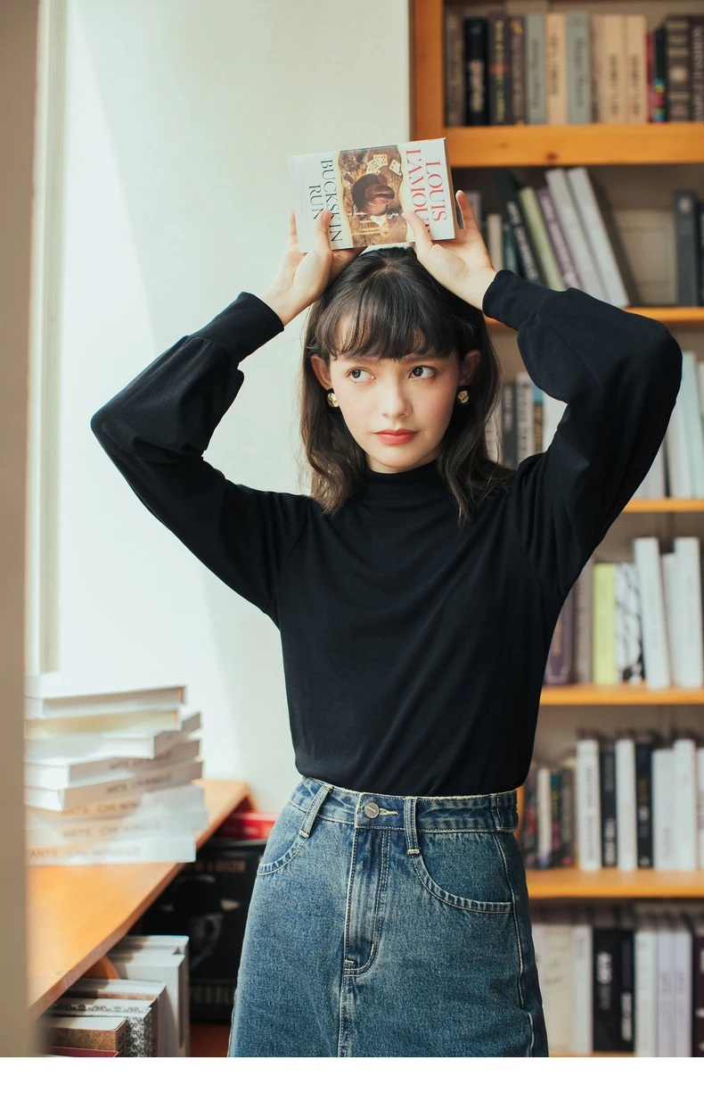 INMAN 2020 Autumn Winter New Arrival Retro French Style High Collar Bubble Long Sleeve Women T-Shirt