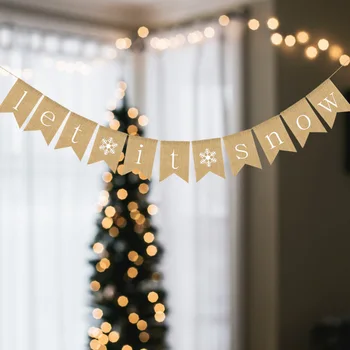 

1 pc Bunting Banner Let It Snow Letters Swallowtail Linen Snowflakes Pattern Pull Flag Burlap Banner for Home Decor