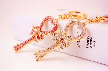 

Rhinestone Bow Key Shape Simple Keychain Personality Gold Crystal Key ring Alloy Car keychain bag Buckle