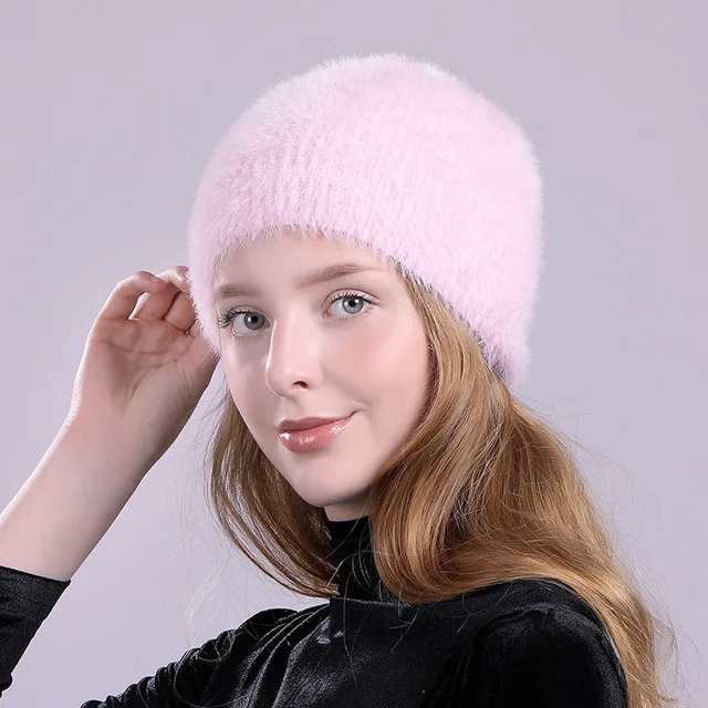 Pink Брендовая женская Шапка-бини из кроличьего меха, зимняя теплая вязаная меховая громоздкая Шапка-бини для женщин, однотонные Мягкие Шапки и шапочки, Прямая поставка - Цвет: Pink