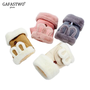 

Winter Plus Velvet Thick Warm Suede Gloves Female Cute Cartoon Rabbit Students Half Finger Flip Gloves