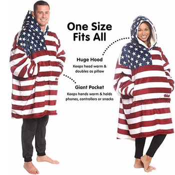 

American Flag Hooded Blanket Man Women Gift Winter Sherpa Sweatshirt With Sleeves Sofa TV Nap Blanket Pocket Wearable Pullover