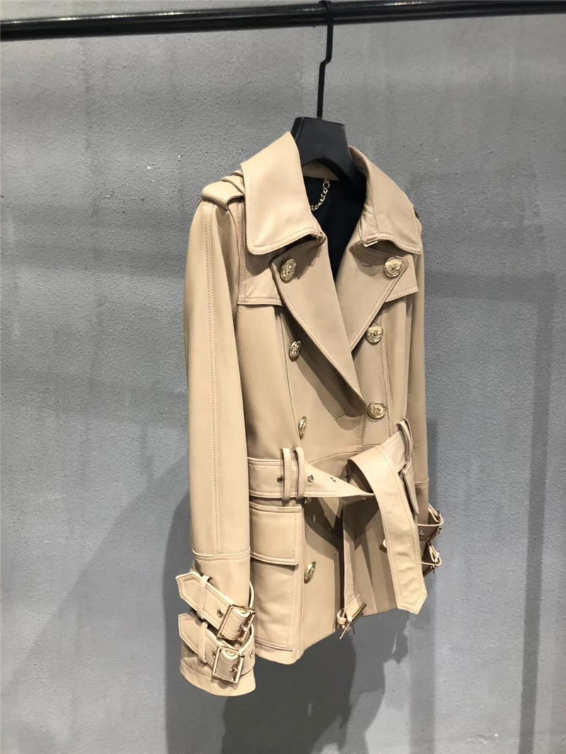 Женская куртка из натуральной кожи, пальто, весенний классический длинный Тренч, Женская двубортная куртка из натуральной кожи, ремень