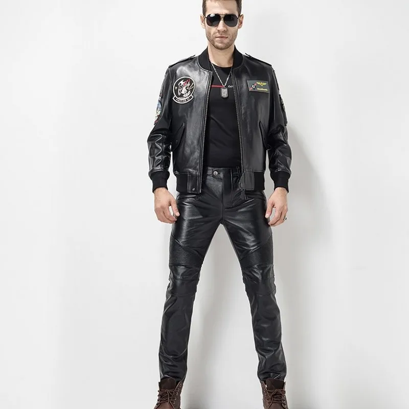 Flash Deal European Autumn Winter Slim Mens Full Length Cowhide Pants Windproof Thick Moto Biker Pleated Genuine Leather Male Pencil Pants 3