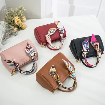 

Women Handbag Silk scarf handle Women Bags PU Leather Shoulder Bag 2019 New Litchi Pattern Tote Boston Bag