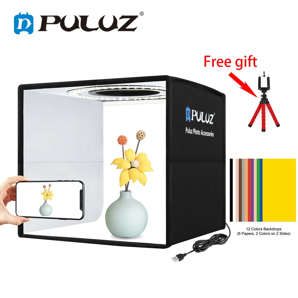 PULUZ Photo Studio Light Box with 12 Colors Background Mini Tabletop Lightbox Photography Soft Box Shooting Tent Ring Light