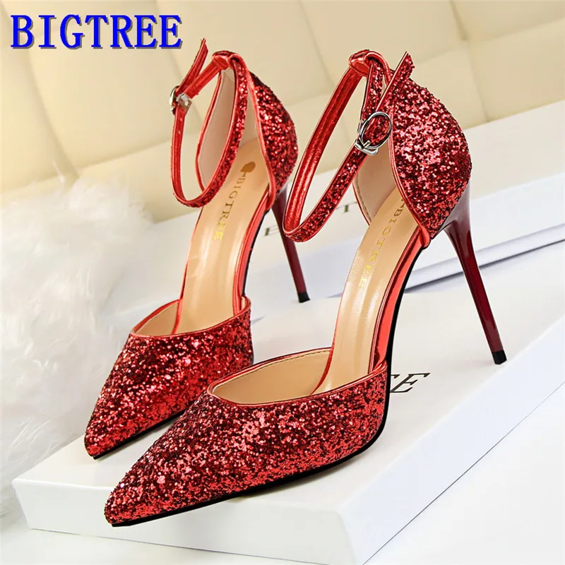 

2019 New Classic Sequined Cloth Women's Sandals Fashion Buckle Pointed Toe High Heels Pumps Shallow Sexy Party Sandals