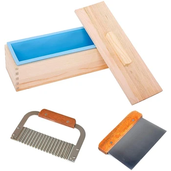 

BMBY-Flexible Rectangular Soap Silicone Mold Wood Box with Wooden Cover,Wavy & Straight Scraper