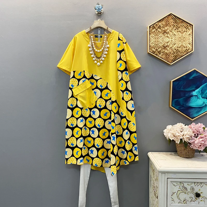 

[EWQ] 2020 Spring Summer New Arrivals O-neck Short Sleeve Print Pattern Pockets Women Loose Casual Knee-length Dress AW29707