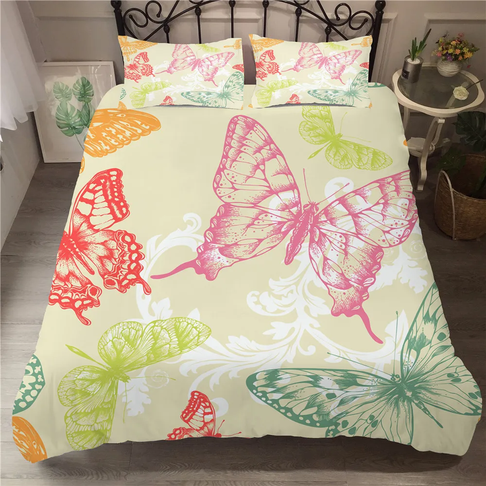 

Double bedding Coverlet Bed Linen Beautiful Butterfly Flowers Pattern King Comforter Set with Pillowcases for Adult Queen Size