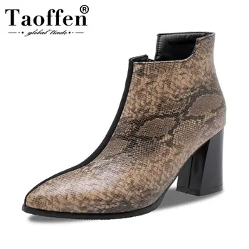 

Taoffen Plus Size 32-48 Women Ankle Boots Fashion Mixed Color Snake Print Winter Shoes Women Warm Fur Square High Heel Boots