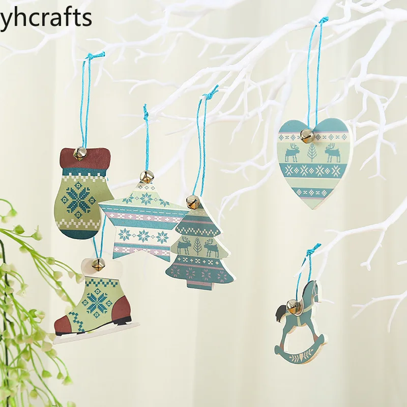 

6PCS/Lot wood christmas tree pendant Star tree garland jingle bells hanger Home decoration Kids room ornament Xmas kids craft